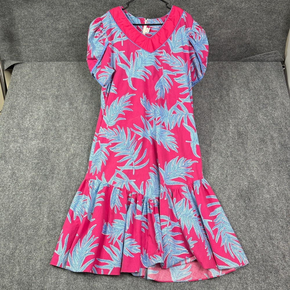 Vintage Made In Hawaii Womens Muumuu Dress 2XL Pink Tropical Maxi Puff Sleeve